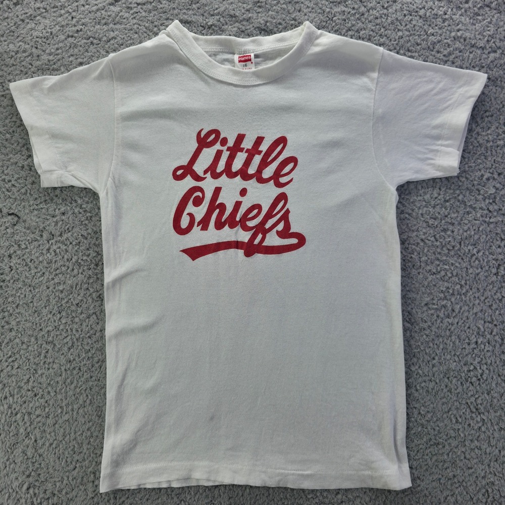 Vintage Hanes Little Chiefs Graphic T-Shirt White Red Script 100% Cotton Size 16